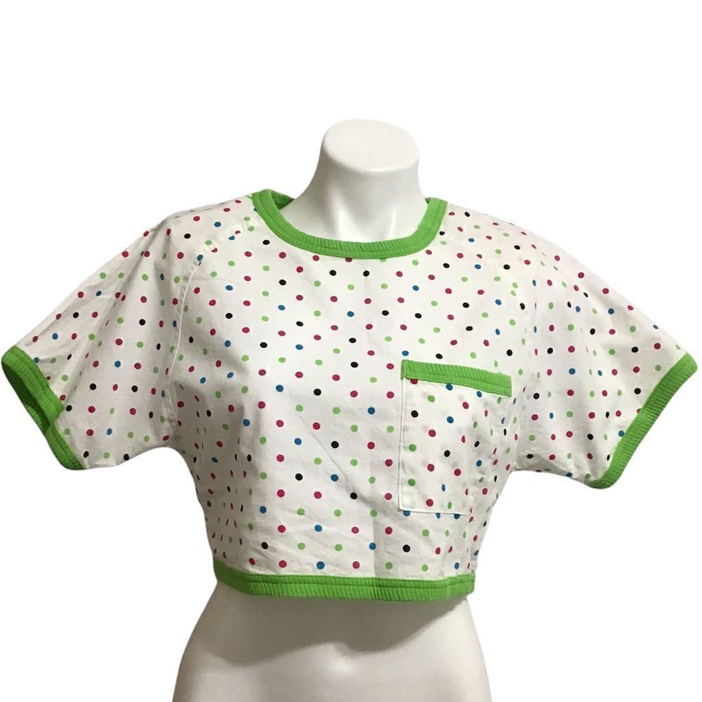 Vintage 70s White Ribbed Crop Top By Rave Reviews Polka Dot Crop Top Size Medium